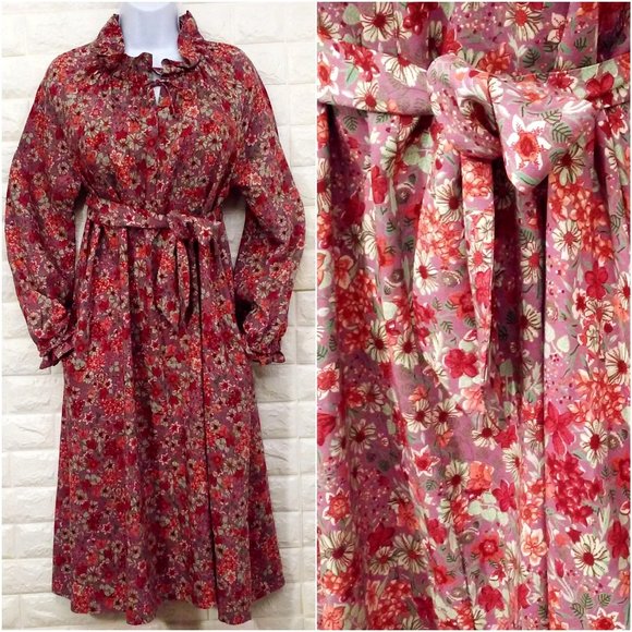 Vintage 80s Neil's Apparel Floral Shift Dress L(12) Pockets Ruffles Bow Belt - Picture 2 of 11